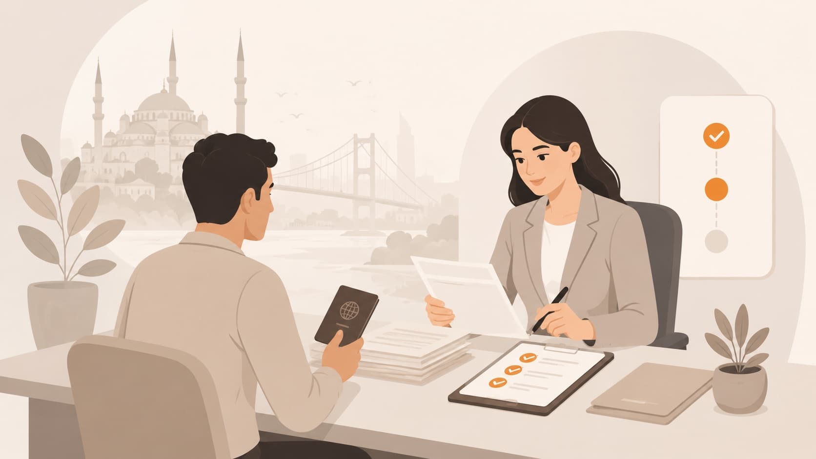 شاب يقدم مستندات طلب إقامته الأولى لموظفة الاستشارات