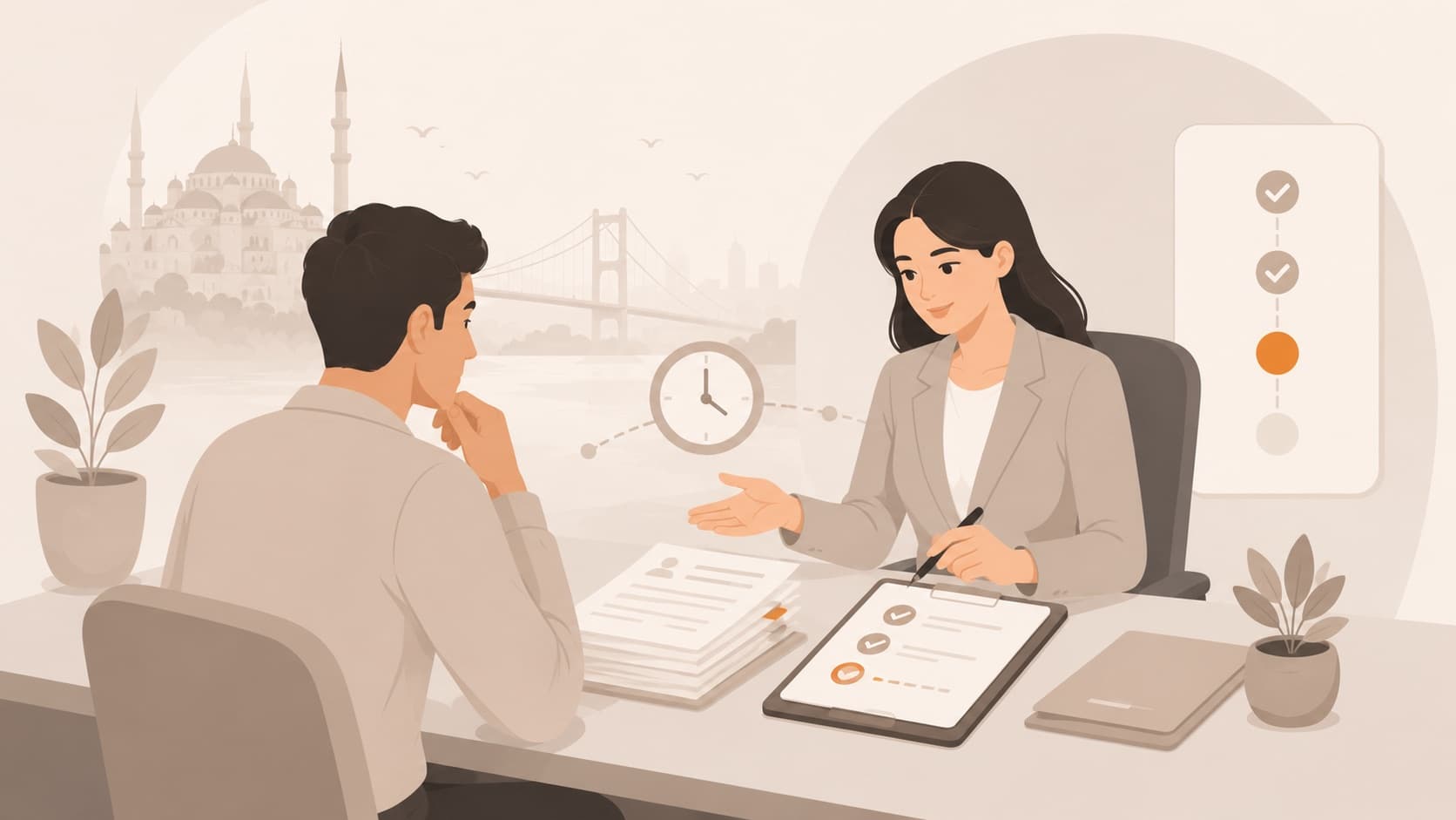 مقيم يراجع مواعيد تجديد إقامته مع مستشارة