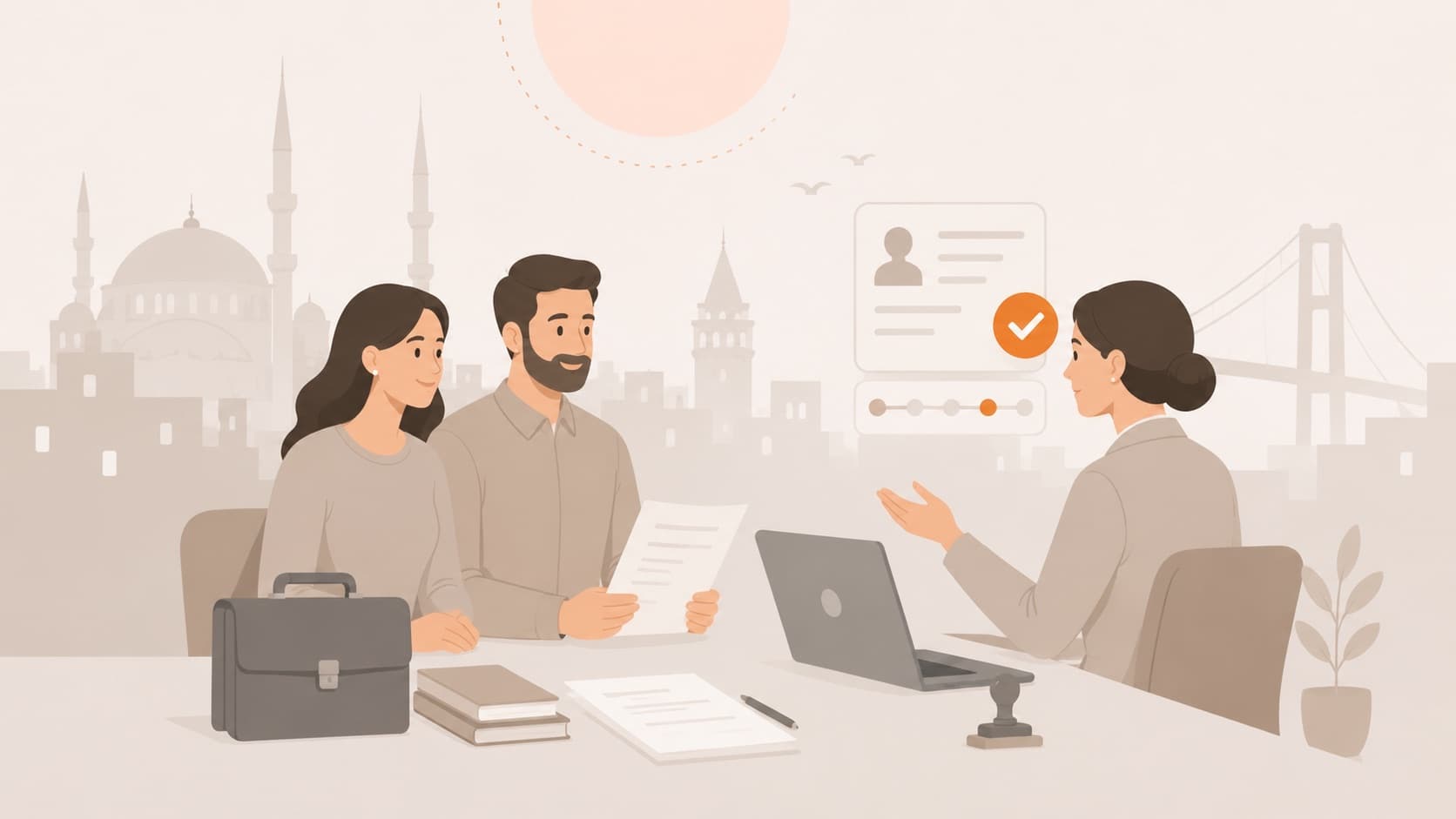 موظفان يراجعان مستندات تصريح العمل مع مستشارة